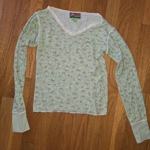 Vintage Dawsons Creek Wardrobe Bulldog Brand Green Floral Lace V-Neck Top